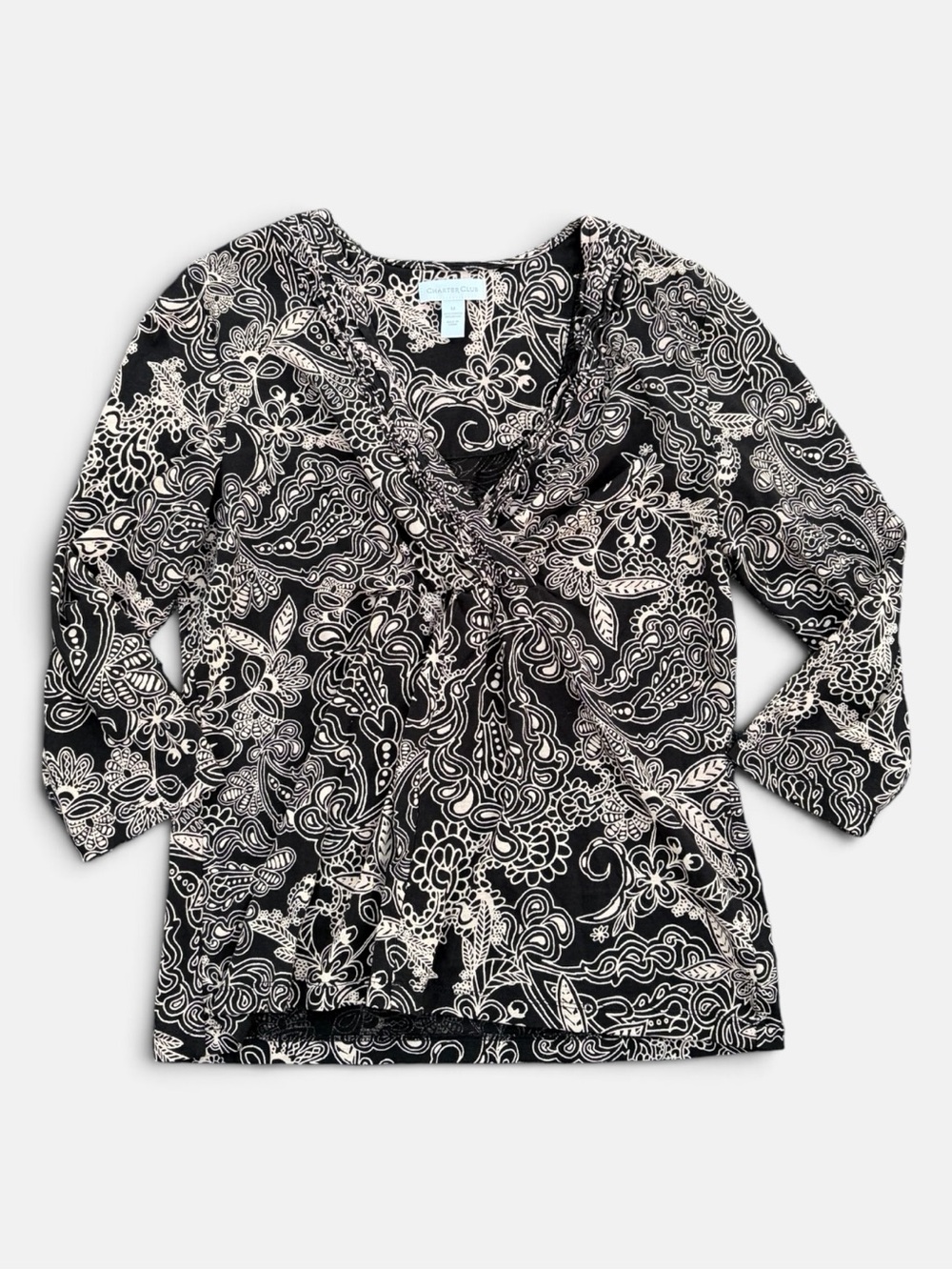 Charter Club Black Cream Paisley Floral Top Cotton Modal Size M
